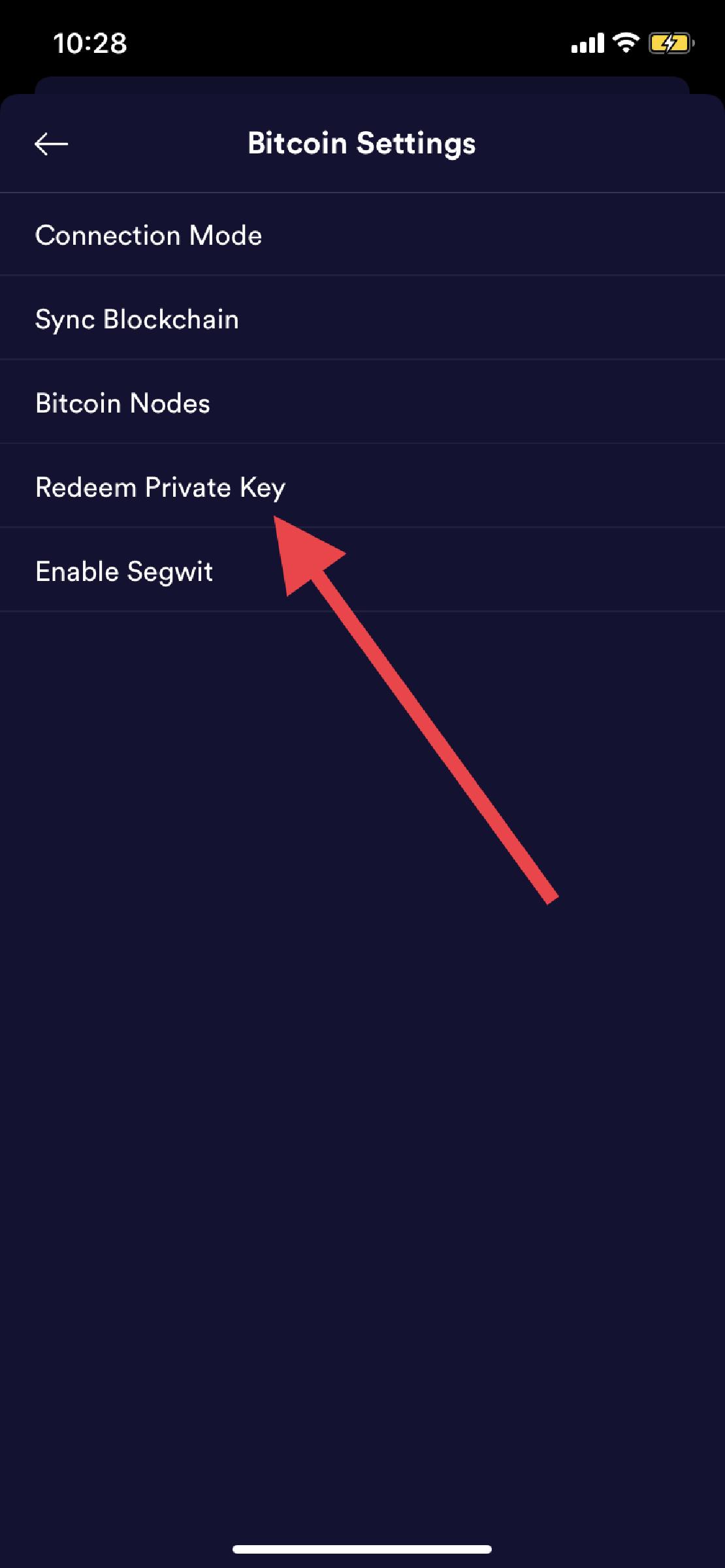 Redeem private key gomb megnyomása a BRD tárcában 